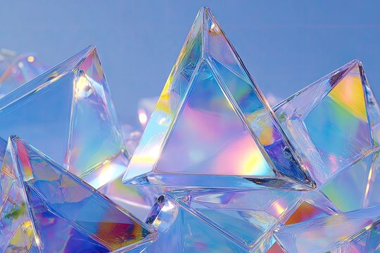 Colorful, iridescent, triangular prisms cluster