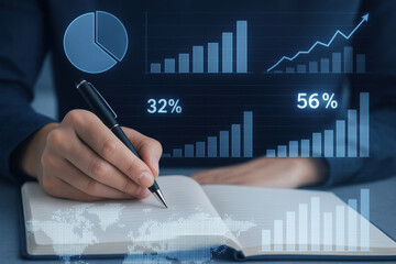 Business person writing notes with digital financial charts and graphs overlay