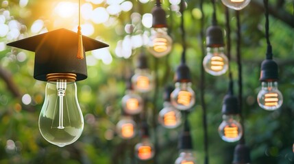 Light Bulb Graduation Cap: Graduates Wearing Mortarboards with Glowing Bulbs &ndash; Symbolizing Innovation, Creativity & Bright Futures in Ceremony Scenes with Gowns, Diplomas & Campus Backdrops