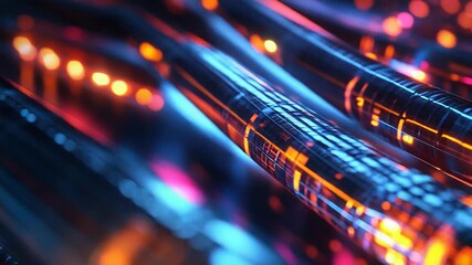 Fiber optic cables transferring data at high speed in a futuristic server room - Powered by Adobe