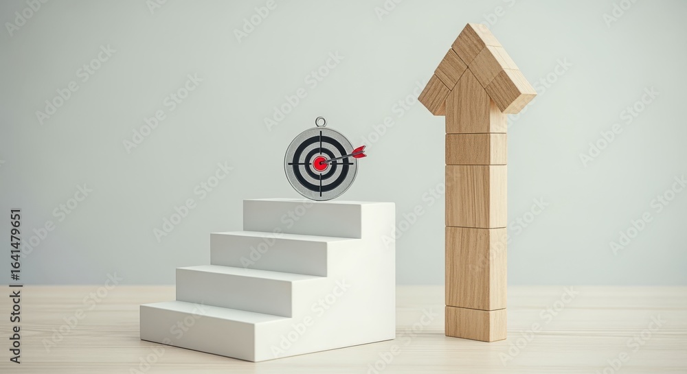Poster conceptual image of achieving goals: target on stairs with wooden arrow symbolizing growth and progr