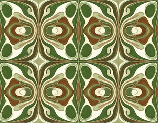 Abstract, repeating pattern of swirling shapes in greens, browns, and whites
