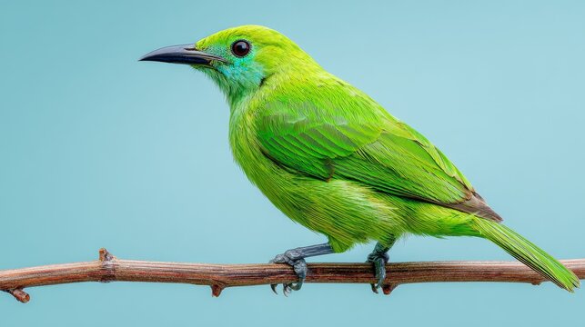 A vivid green bird perches on a slender brown branch set against a pale blue background
