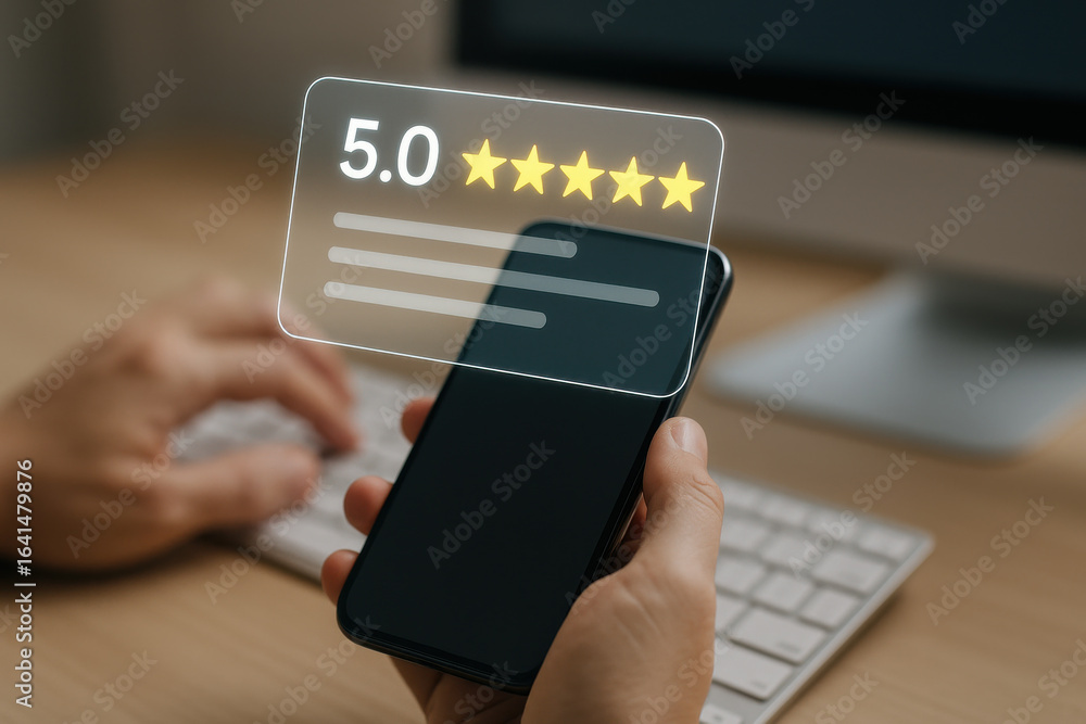 Poster 5 star rating on smartphone screen with person holding phone and keyboard in background