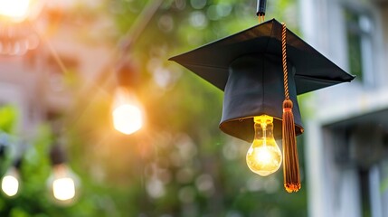 Light Bulb Graduation Cap: Graduates Wearing Mortarboards with Glowing Bulbs &ndash; Symbolizing Innovation, Creativity & Bright Futures in Ceremony Scenes with Gowns, Diplomas & Campus Backdrops