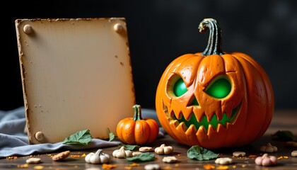 A Halloween themed scene with a focus on a jack o' lantern that has been creatively modified to resemble a smiling face with glowing green eyes and a wide mouth