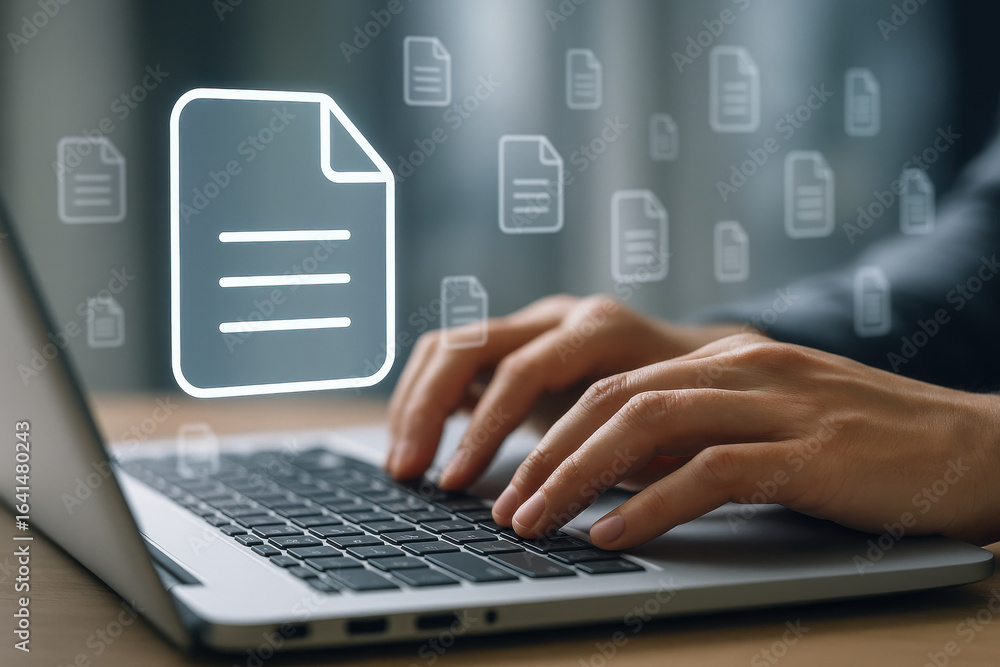 Aufkleber document icon laptop keyboard hands typing digital file technology data management office work