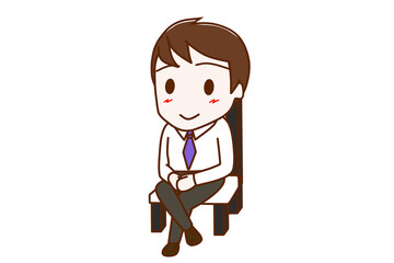 （全身斜め）椅子に笑顔で足を組んで座っている男性