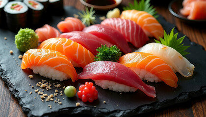 Japanese sushi platter with fresh sashimi, nigiri, sushi rolls, tuna, salmon, yellowtail, wasabi, soy sauce, traditional food photography in ultra realistic detail