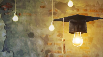 Light Bulb Graduation Cap: Graduates Wearing Mortarboards with Glowing Bulbs &ndash; Symbolizing Innovation, Creativity & Bright Futures in Ceremony Scenes with Gowns, Diplomas & Campus Backdrops