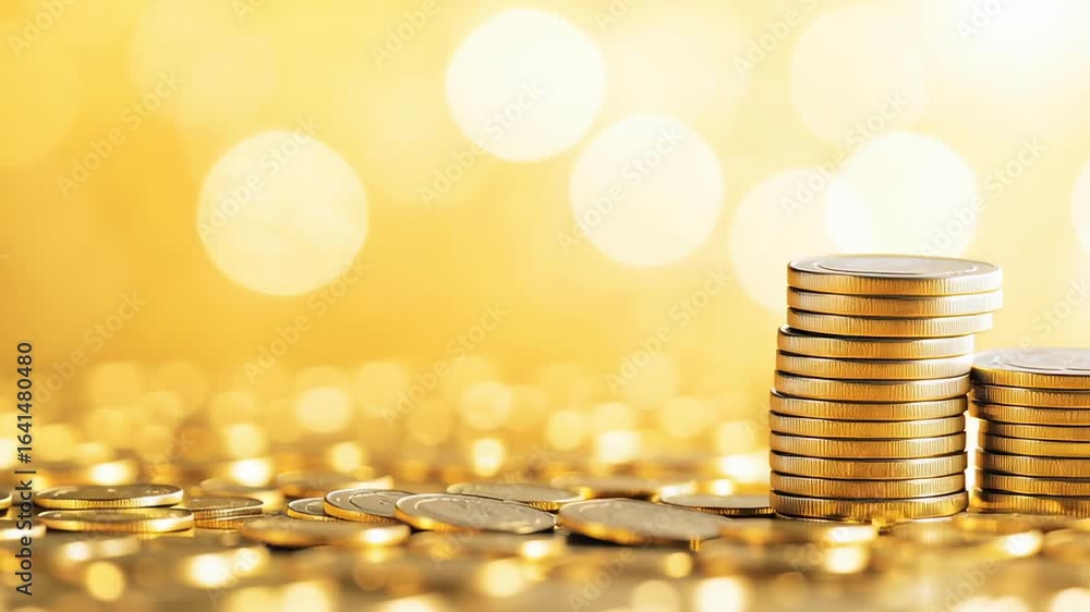 Poster stacks of coins glimmer against a shimmering golden backdrop, symbolizing abundance and prosperity i