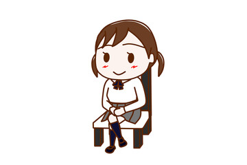 （全身斜め）椅子に笑顔で足を組んで座っている女子学生