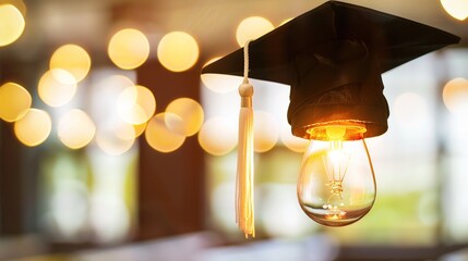 Light Bulb Graduation Cap: Graduates Wearing Mortarboards with Glowing Bulbs &ndash; Symbolizing Innovation, Creativity & Bright Futures in Ceremony Scenes with Gowns, Diplomas & Campus Backdrops