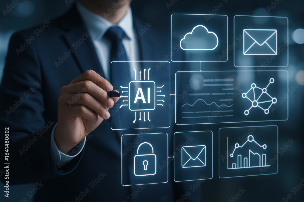 Poster artificial intelligence concept with business person touching digital interface with icons