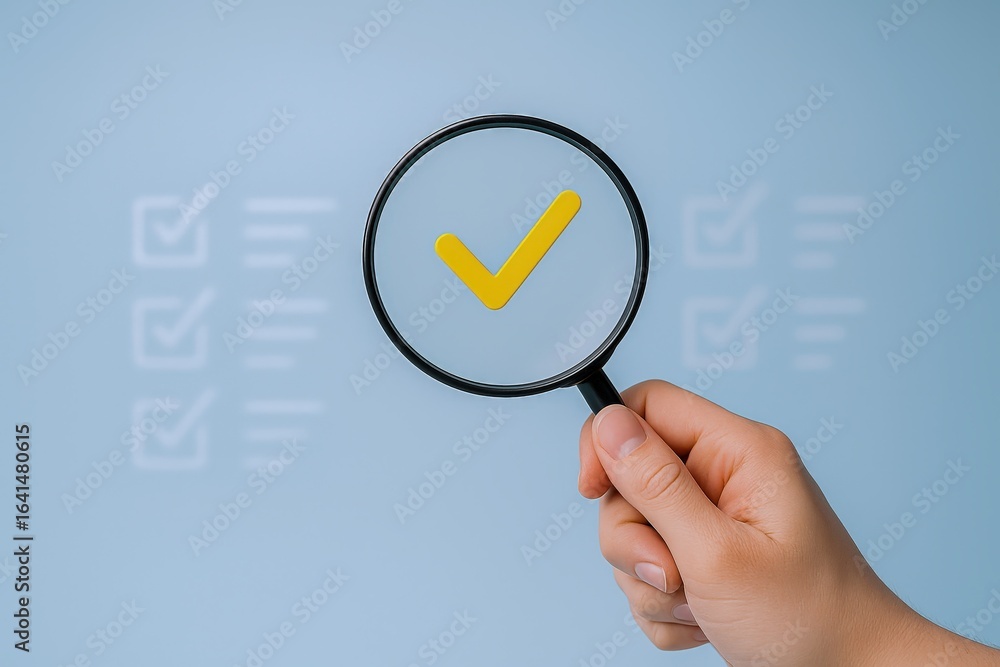 Poster hand holding magnifier with check mark symbol on blue background, representing validation and approv