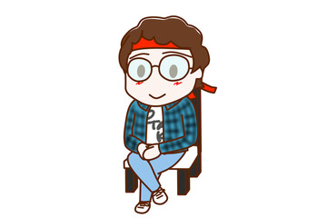 （全身斜め）椅子に笑顔で足を組んで座っているメガネをかけたオタク