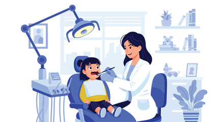 Adobe illustrator vector flat style illustration of a female dentist examining a young kid's teeth, promoting kids' dental health, check-ups, and a positive clinic experience