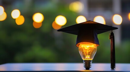 Light Bulb Graduation Cap: Graduates Wearing Mortarboards with Glowing Bulbs &ndash; Symbolizing Innovation, Creativity & Bright Futures in Ceremony Scenes with Gowns, Diplomas & Campus Backdrops