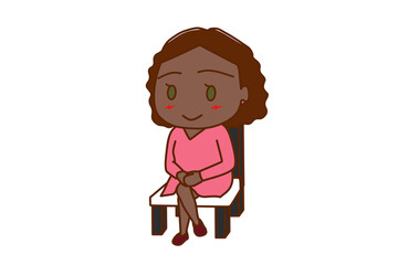 （全身斜め）椅子に笑顔で足を組んで座っているアフリカ系女性