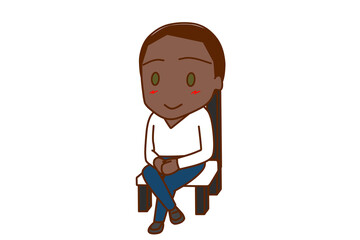 （全身斜め）椅子に笑顔で足を組んで座っているアフリカ系男性