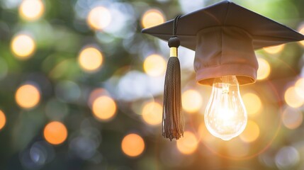 Light Bulb Graduation Cap: Graduates Wearing Mortarboards with Glowing Bulbs &ndash; Symbolizing Innovation, Creativity & Bright Futures in Ceremony Scenes with Gowns, Diplomas & Campus Backdrops