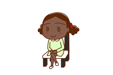 （全身斜め）椅子に笑顔で足を組んで座っているアフリカ系少女