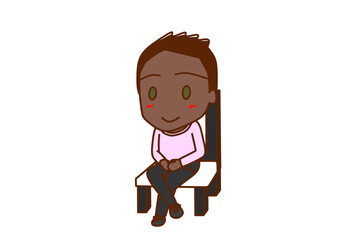 （全身斜め）椅子に笑顔で足を組んで座っているアフリカ系少年