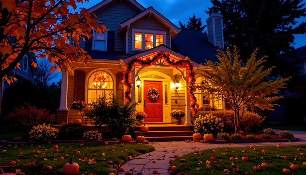 The house is beautifully decorated for Halloween with jack o' lanterns and pumpkins on its lawn, creating a festive atmosphere. A large wreath hangs from the front door, adding to the seasonal decor.