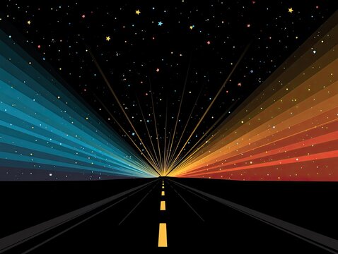 A two-toned, vibrant, starry night road trip.  A highway stretching into a starry night sky, radiating colors from both sides