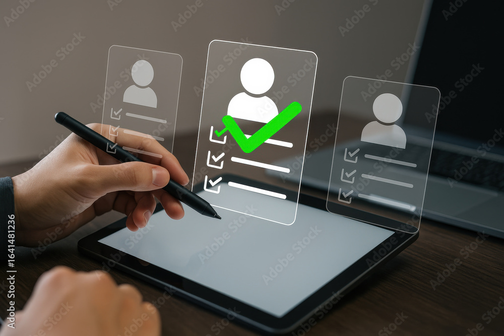 Poster digital tablet with stylus selecting user profile with green checkmark, technology concept