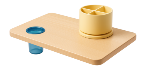 Children's desk with a rotating desktop organizer and integrated cup holder, great for a tidy workspace in a study.