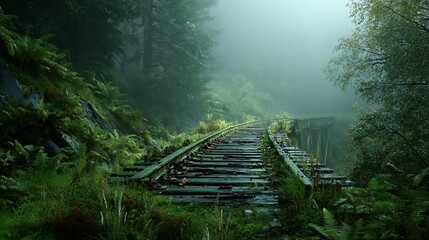 Old Rail Track Disappearing Into Misty Forest