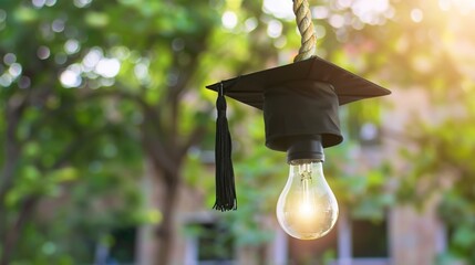 Light Bulb Graduation Cap: Graduates Wearing Mortarboards with Glowing Bulbs &ndash; Symbolizing Innovation, Creativity & Bright Futures in Ceremony Scenes with Gowns, Diplomas & Campus Backdrops