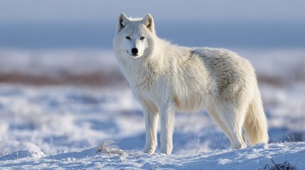 Naklejka premium An Arctic wolf stands against a snowy landscape its white fur contrasting the soft hues of the background