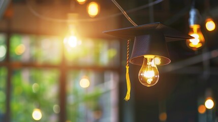 Light Bulb Graduation Cap: Graduates Wearing Mortarboards with Glowing Bulbs &ndash; Symbolizing Innovation, Creativity & Bright Futures in Ceremony Scenes with Gowns, Diplomas & Campus Backdrops
