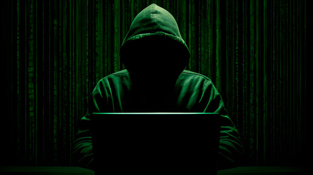 Computer hacking working on laptop, phishing. Hacker character dark web cyberattack malware. Shady character hidden identity cyber hacker romance scammer. 