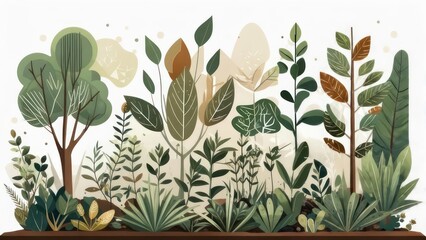 Botanical Garden Illustration with Diverse Green Plants & Foliage. Stylized Nature Landscape for Growth & Environment Themes.
