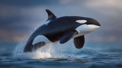 Fototapeta premium An orca breaches the water displaying its distinctive black and white markings against a soft blurred sky and calm ocean