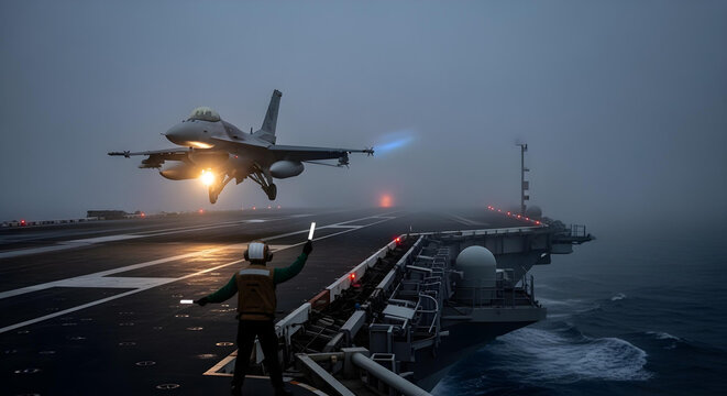 F-16 fighter jet landing on an aircraft carrier at midnight fog with deck crew guiding.
