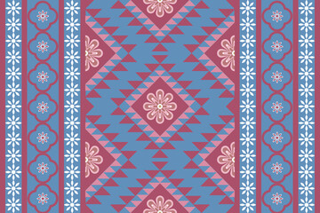 A vibrant Ikat-inspired floral geometric seamless pattern with tribal and ethnic elements, perfect for textile, pillow, and fashion design. The colorful symmetrical motifs blend traditional craft with
