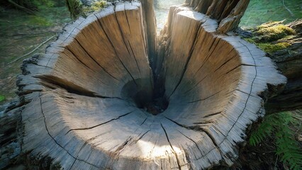 Obraz premium Sunlit hollowed tree stump with weathered wood texture