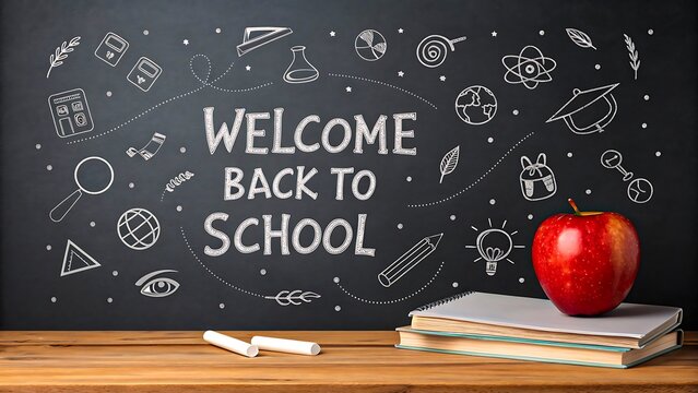 Welcome Back to School Chalkboard with Educational Doodles, Books, and Red Apple
