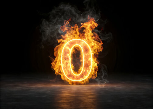 Number zero burning brightly with intense flames and smoke