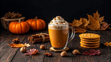 Pumpkin Spice Latte with Whipped Cream, Cinnamon Sticks, Pumpkins, and Autumn Leaves on Rustic Wooden Table
