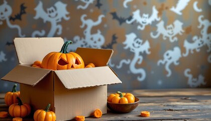 A collection of pumpkins is displayed in an open cardboard box atop a wooden table with a metallic backdrop featuring a pattern of what appears to be candy skulls and orange pumpkin outlines.
