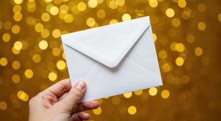 White Envelope Held by Hand with Golden Bokeh Background for Greeting Card or Invitation Design