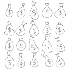 Money Bag Doodle Illustration Set &ndash; Hand Drawn Money Sack, Cash Bag, and Finance Icon Collection