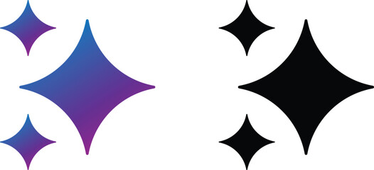 Shiny sparkle star icon set in black and gradient colors, minimalist glowing twinkle shapes for festive design, decoration, celebration graphics, and creative digital projects.