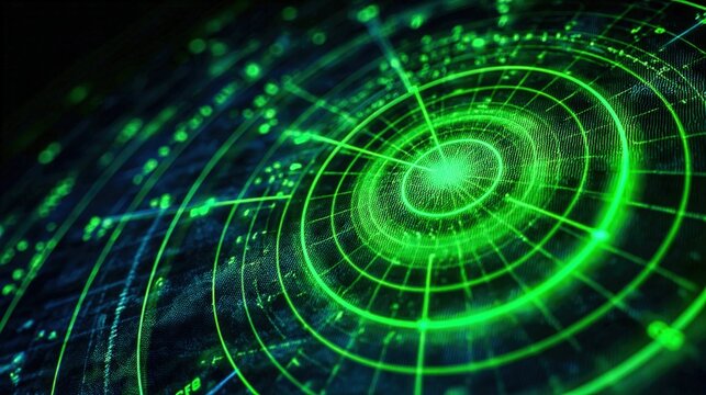 Green Radar Screen Displaying Data and Technology Interface for Navigation and Tracking Systems