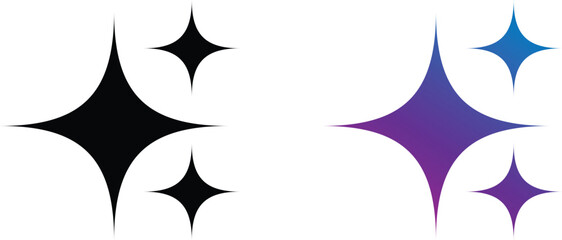 Shiny sparkle star icon set in black and gradient colors, minimalist glowing twinkle shapes for festive design, decoration, celebration graphics, and creative digital projects.